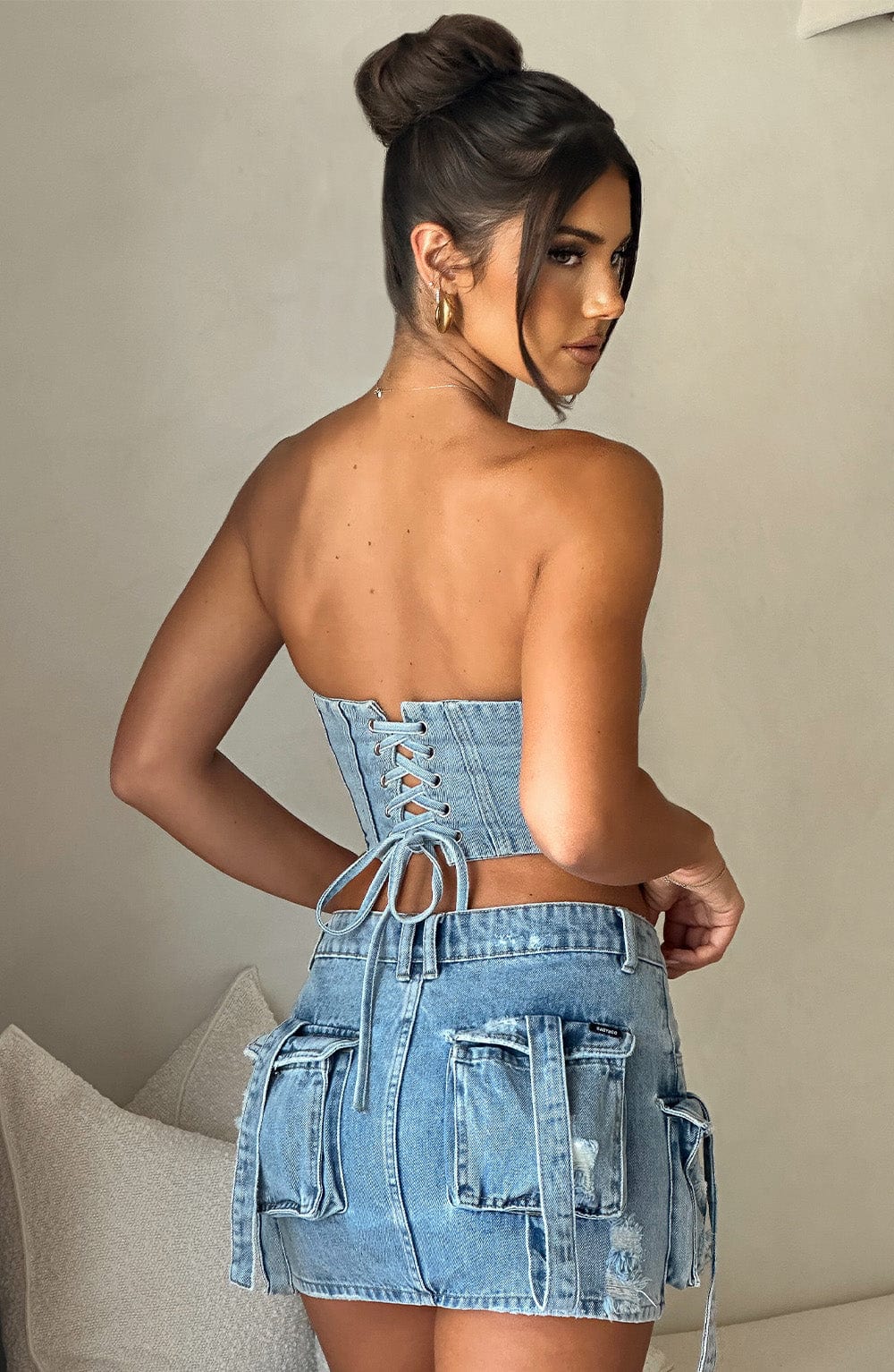 Billie Blue Wash Denim Mini Skirt with Cargo Pockets