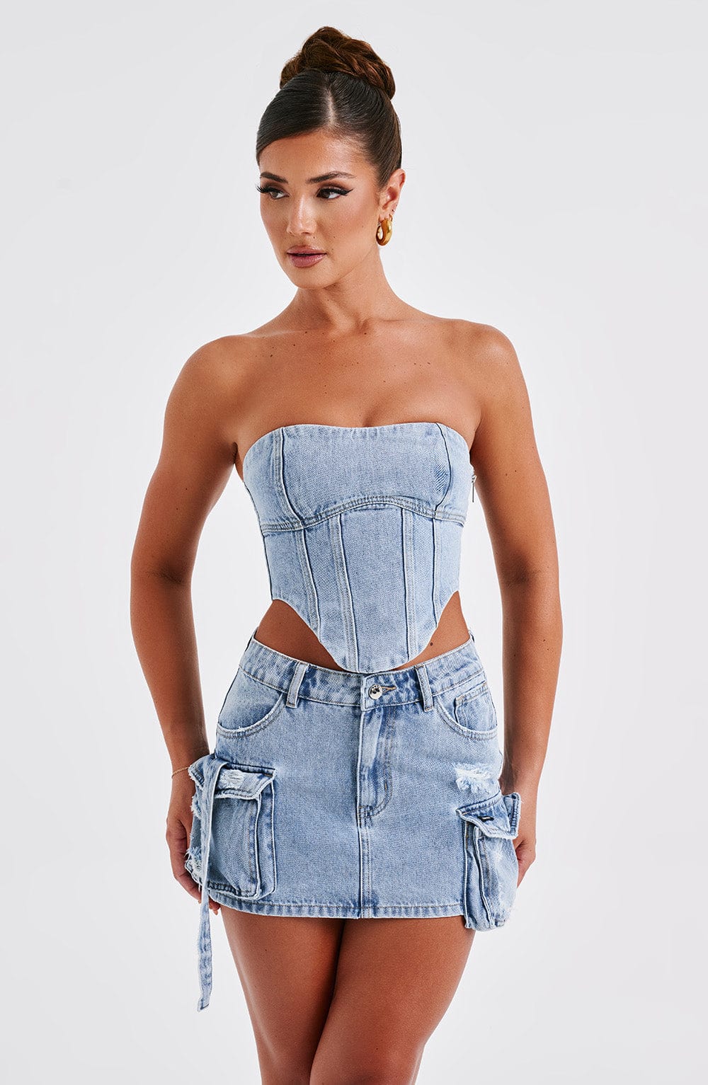 Billie Blue Wash Denim Mini Skirt with Cargo Pockets