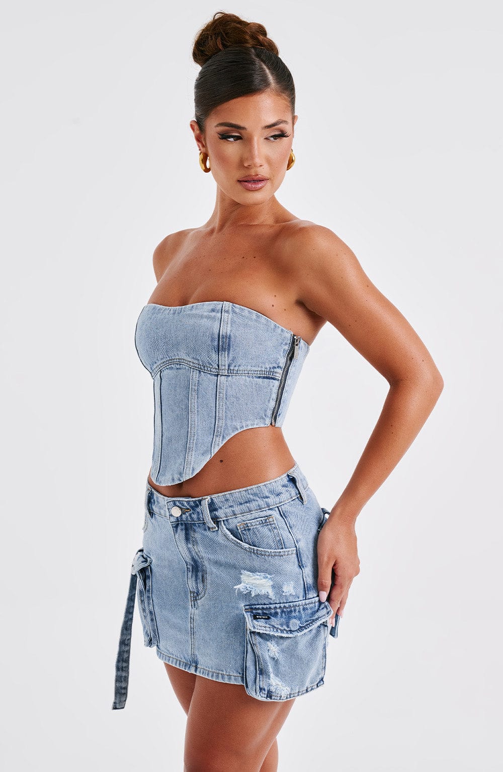 Billie Blue Wash Denim Mini Skirt with Cargo Pockets