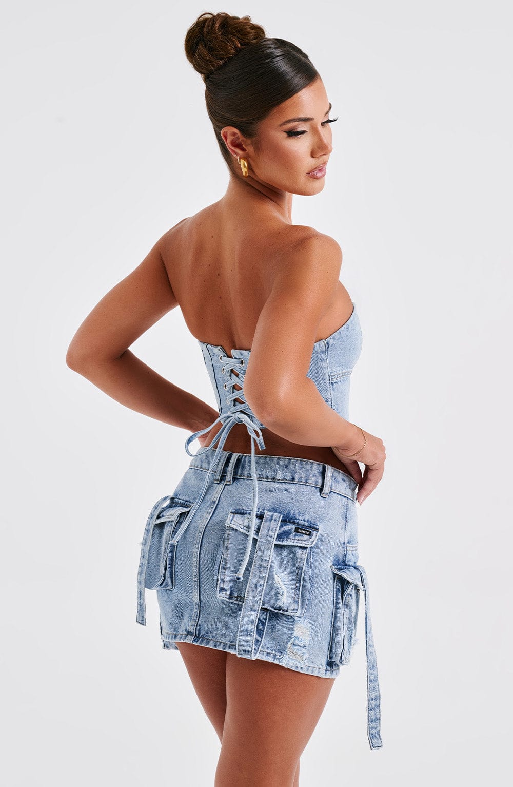 Billie Blue Wash Denim Mini Skirt with Cargo Pockets