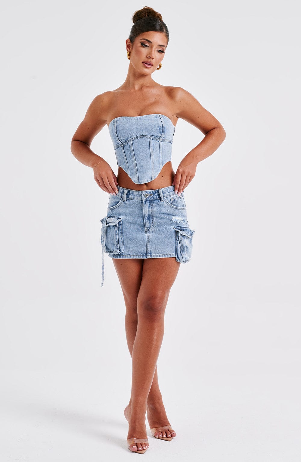 Billie Blue Wash Denim Mini Skirt with Cargo Pockets