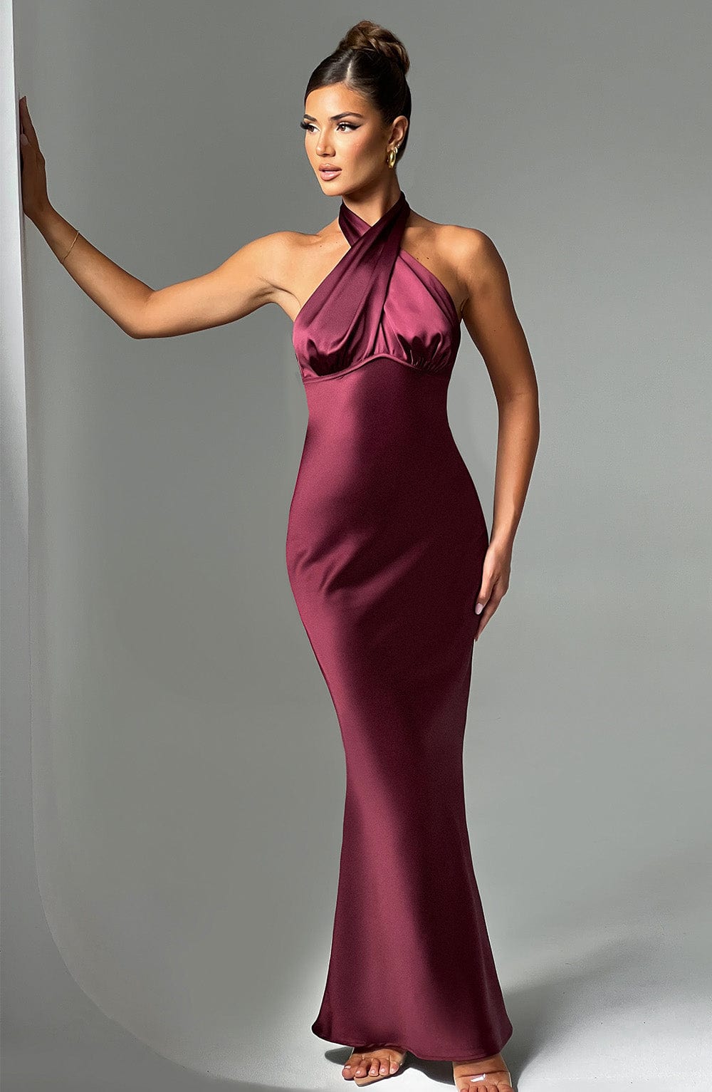Dimitra Satin Maxi Dress with Low Back & Tie Detail - Burgundy