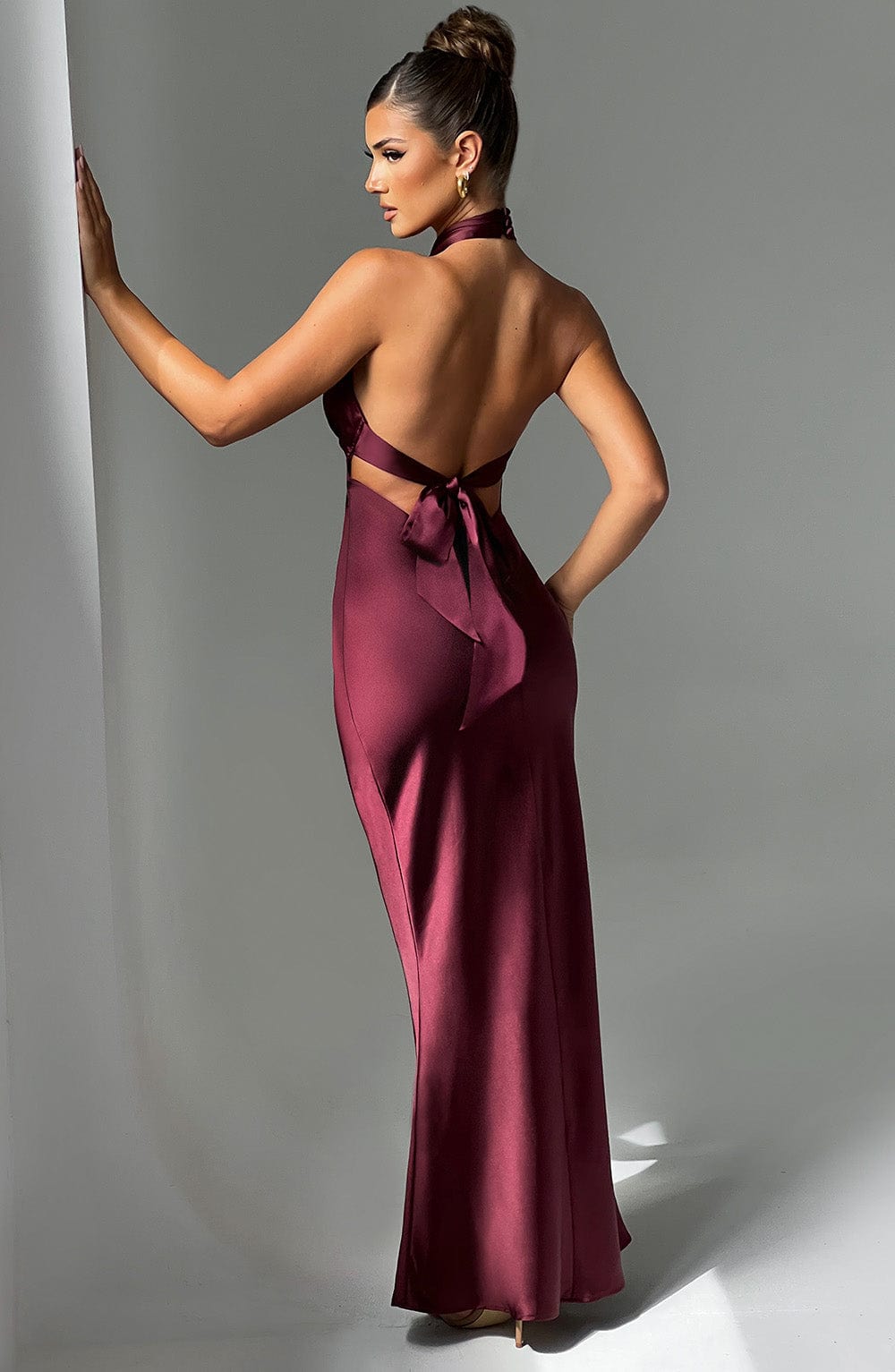 Dimitra Satin Maxi Dress with Low Back & Tie Detail - Burgundy