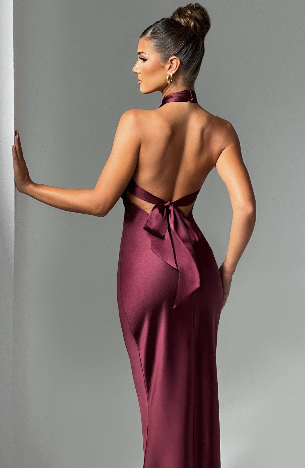 Dimitra Satin Maxi Dress with Low Back & Tie Detail - Burgundy