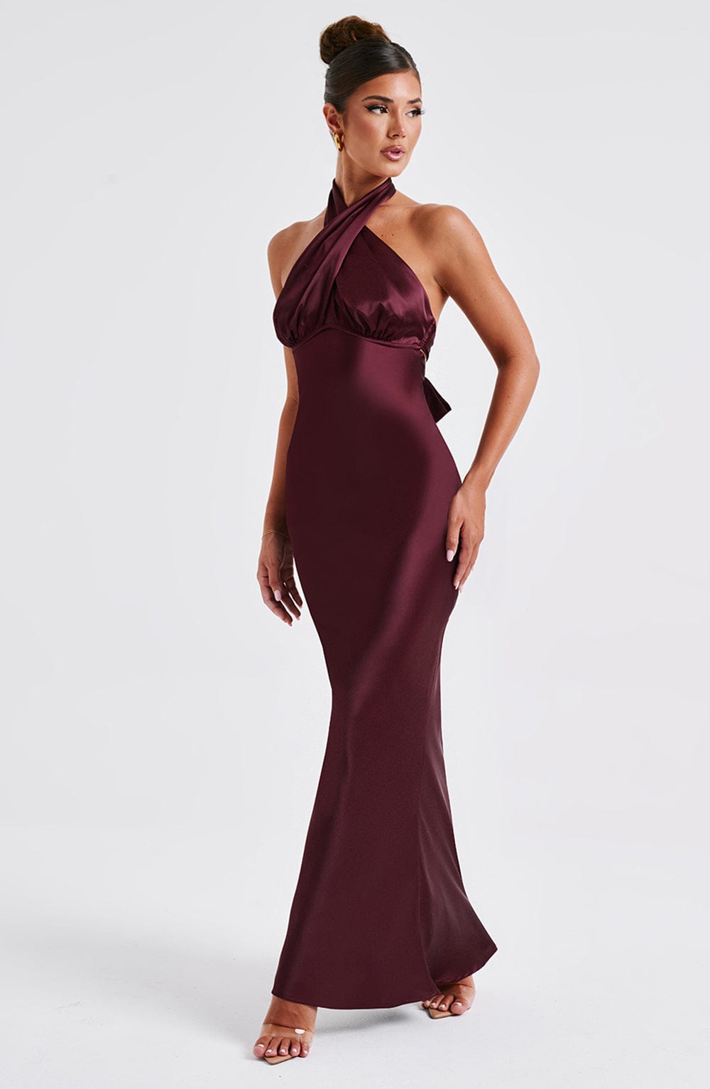 Dimitra Satin Maxi Dress with Low Back & Tie Detail - Burgundy