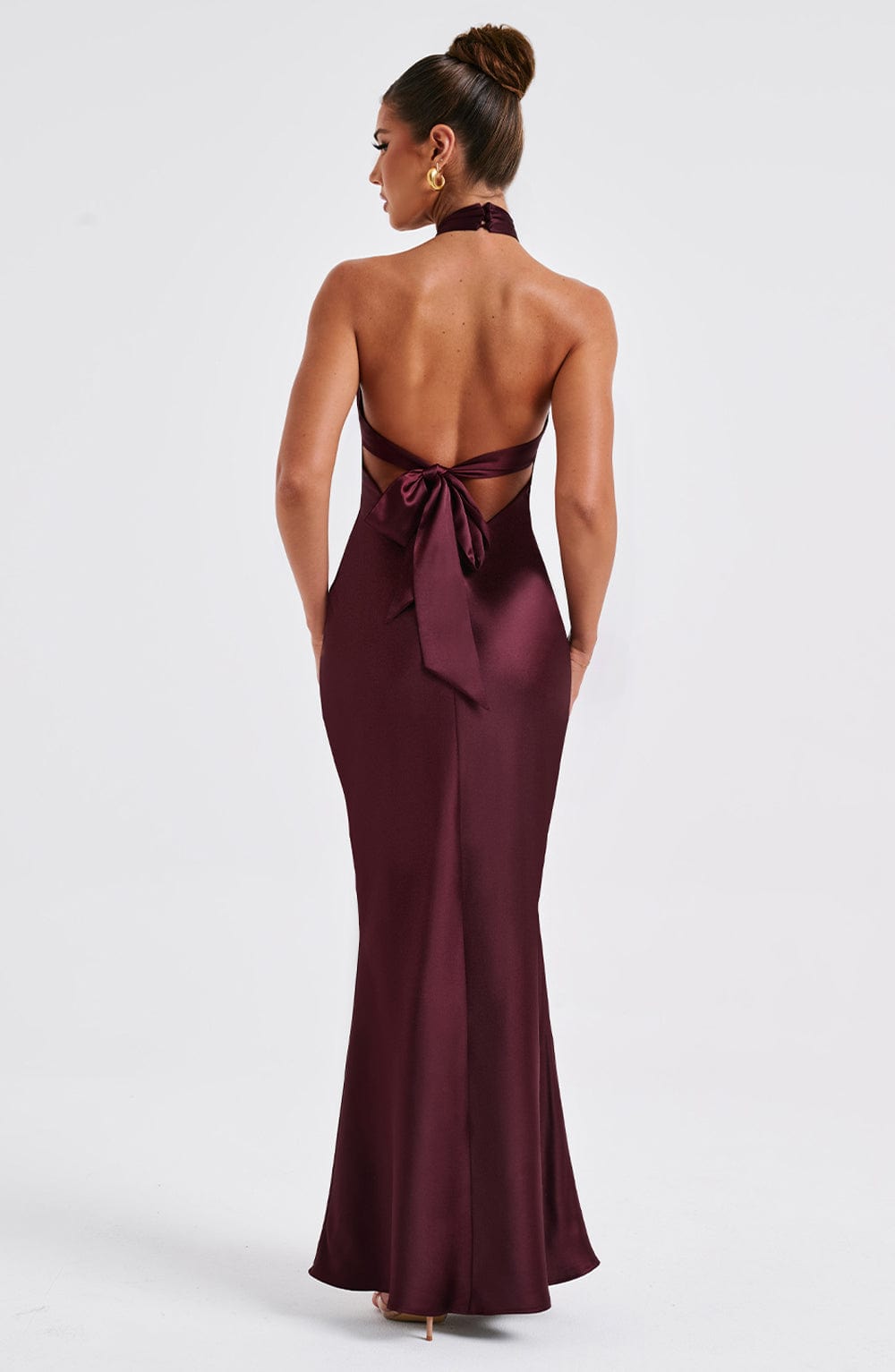Dimitra Satin Maxi Dress with Low Back & Tie Detail - Burgundy