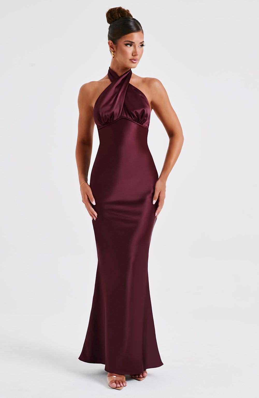 Dimitra Satin Maxi Dress with Low Back & Tie Detail - Burgundy