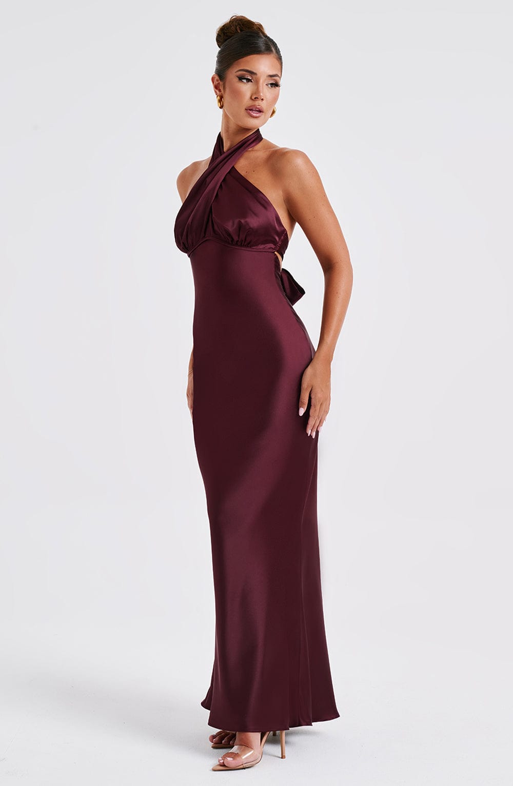 Dimitra Satin Maxi Dress with Low Back & Tie Detail - Burgundy