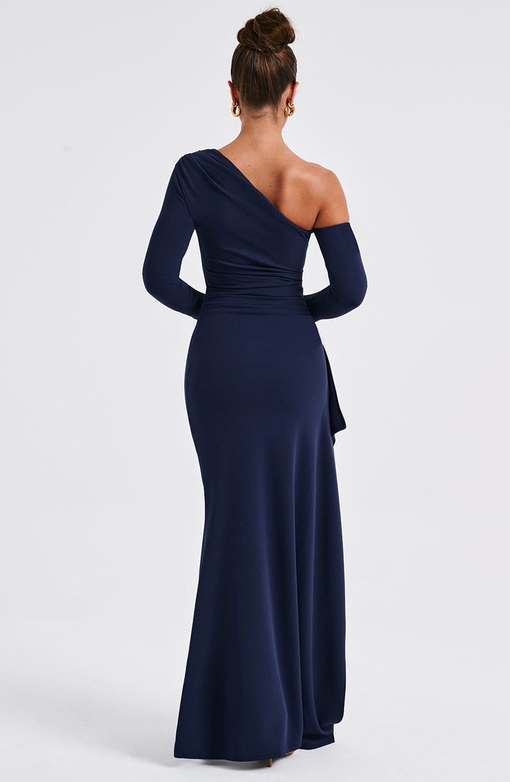 Abrielle Navy Maxi Dress with Thigh High Split & Asymmetric Neckline