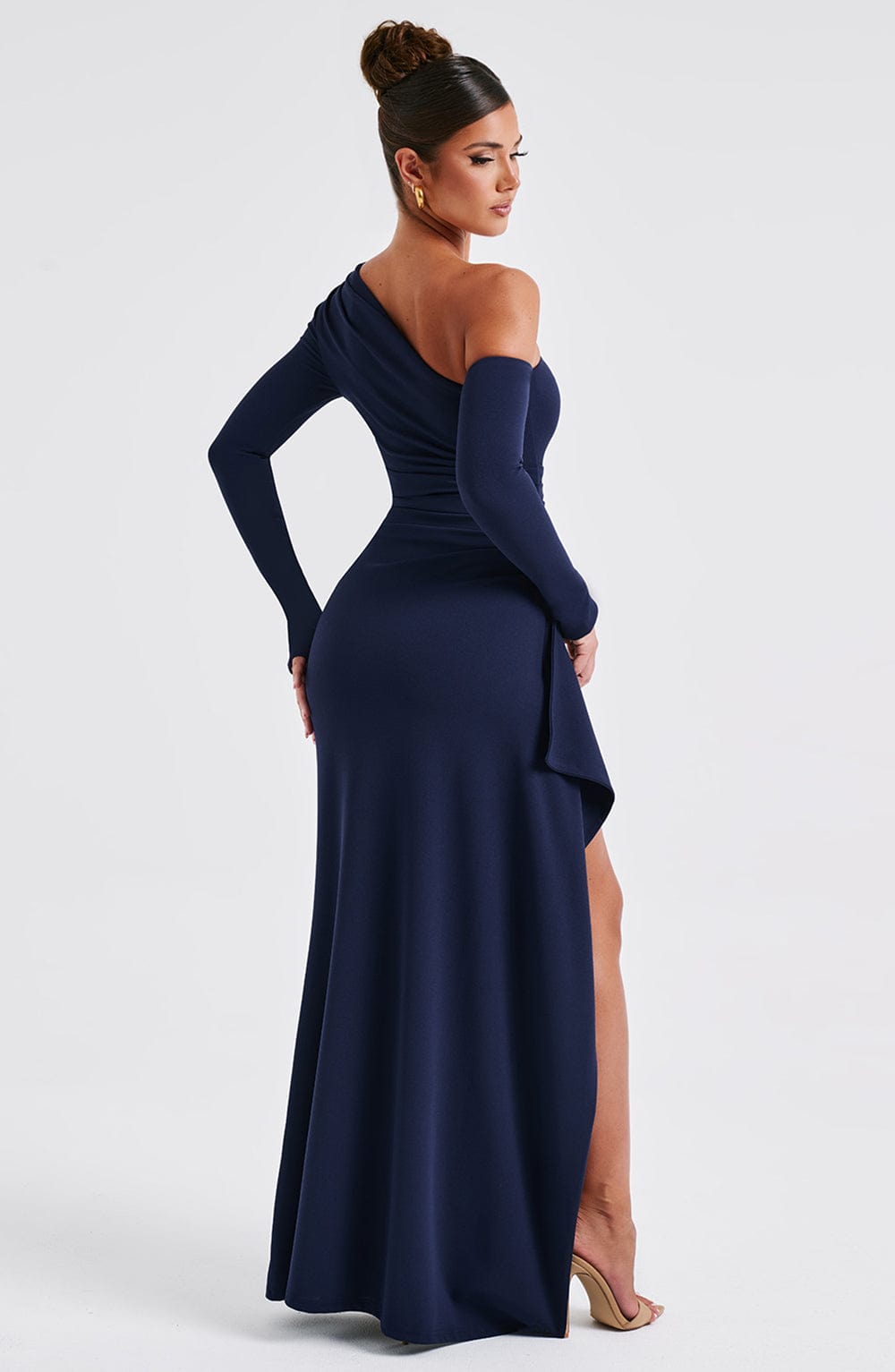 Abrielle Navy Maxi Dress with Thigh High Split & Asymmetric Neckline