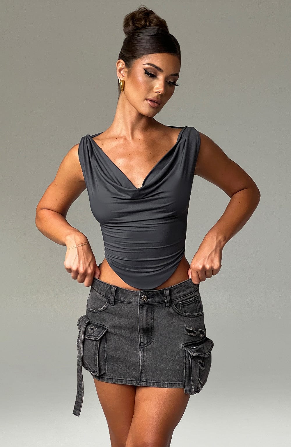 Franziska Cowl Neck Slinky Top - Charcoal Jersey Women's Blouse