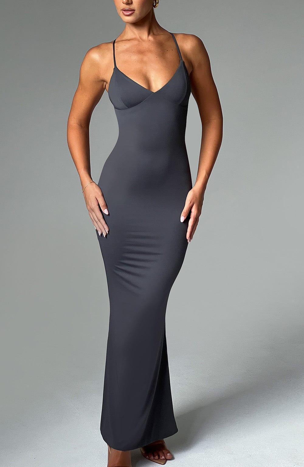Zelda Slinky Maxi Dress with Low V-Back in Charcoal