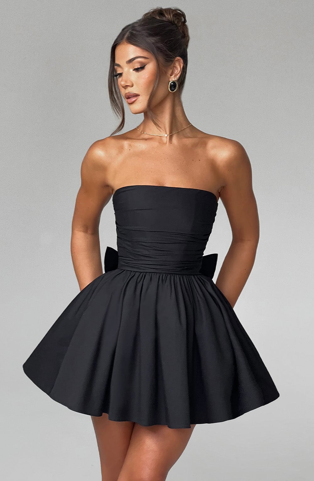 Black Strapless Mini Dress with Bow Detail - Katrina Cotton Blend