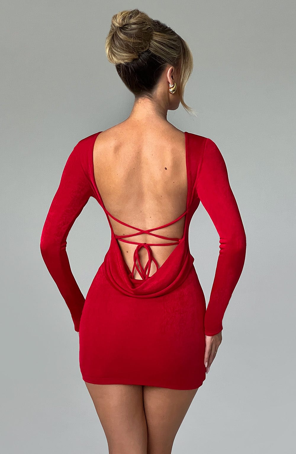 Red Bodycon Mini Dress with Long Sleeves & Cowl Back - Una