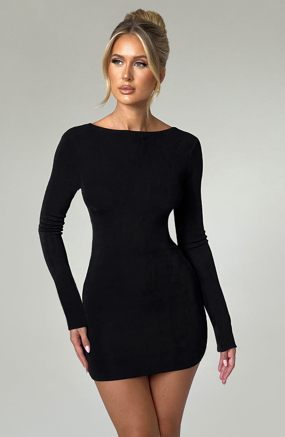Black Bodycon Mini Dress with Long Sleeves & Cowl Back - Una