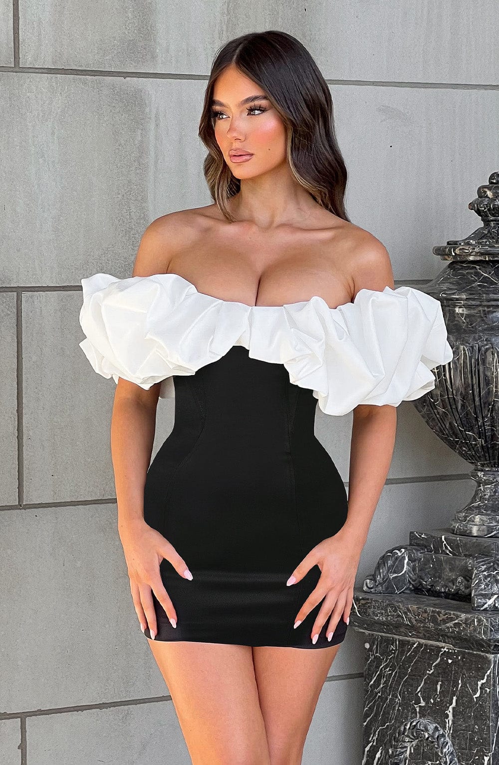 Allie Mini Dress with Ruffled Bardot Neckline - Black & White