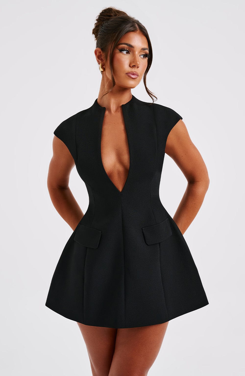Suri Black Mini Dress with Plunge Neckline & Pockets
