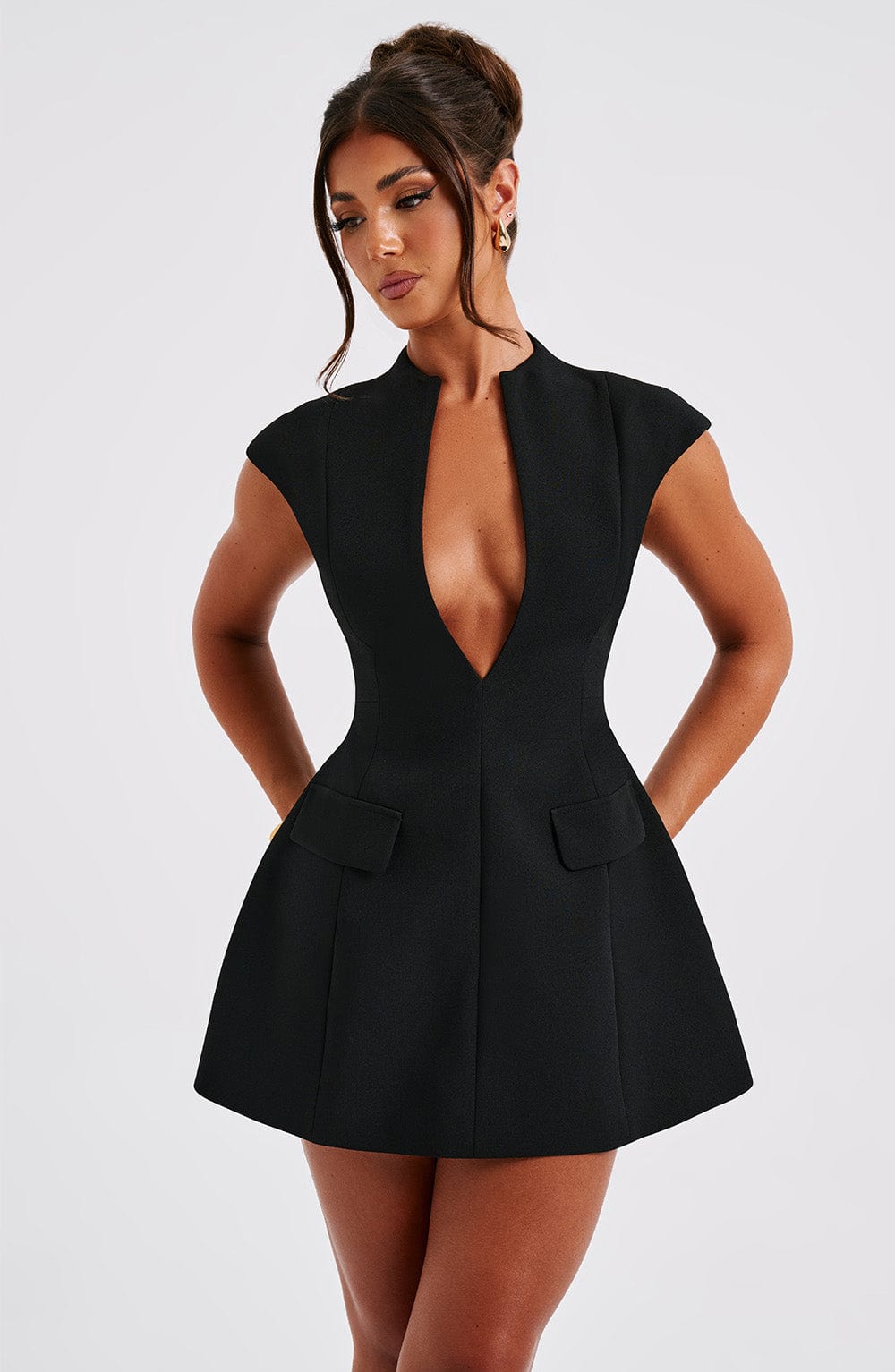 Suri Black Mini Dress with Plunge Neckline & Pockets