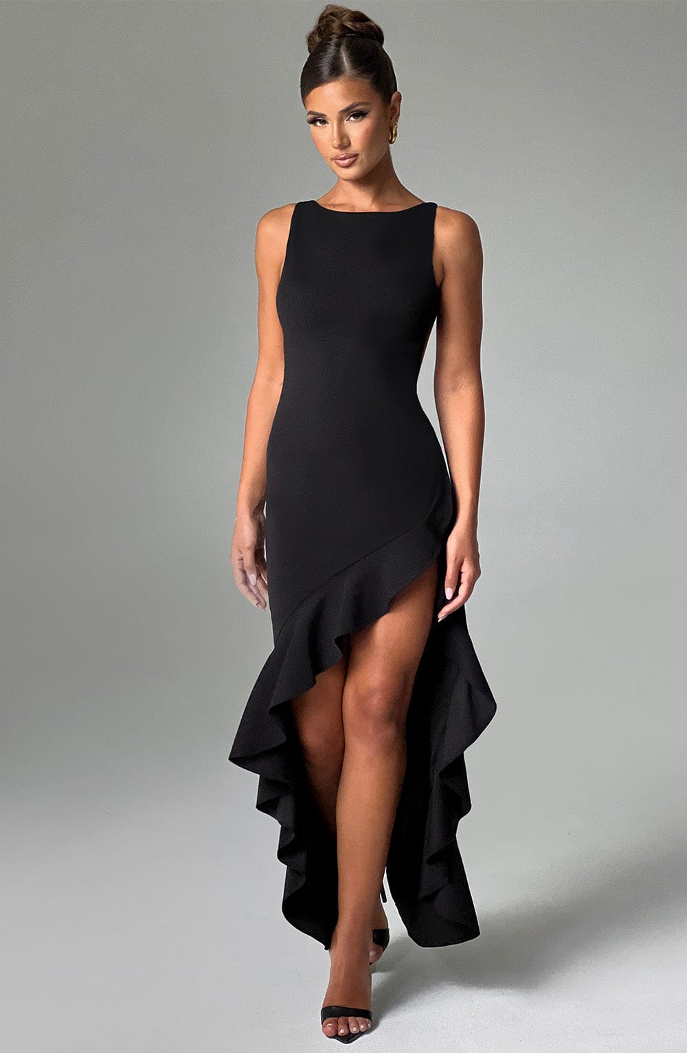 Theadora Black Maxi Dress for Special Events - Low Back & Mesh Panels