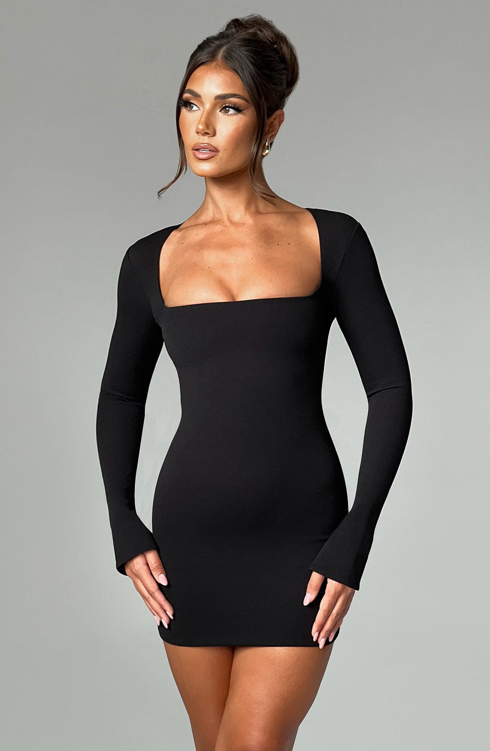 Black Mini Dress with Square Neckline & Flared Cuffs – Priya