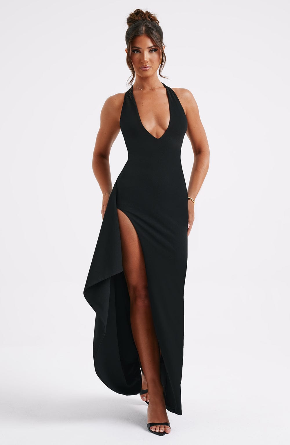 Luella Black Halter Maxi Dress with Thigh Split & Ruffle Detail