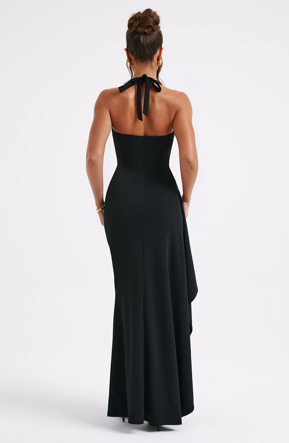 Luella Black Halter Maxi Dress with Thigh Split & Ruffle Detail