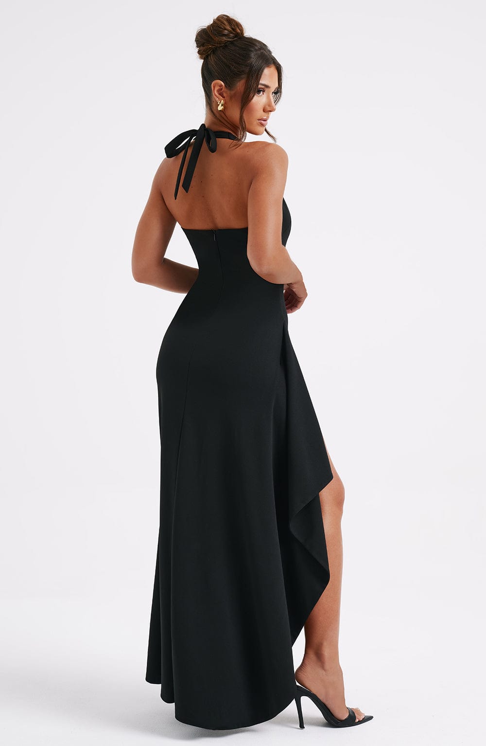 Luella Black Halter Maxi Dress with Thigh Split & Ruffle Detail