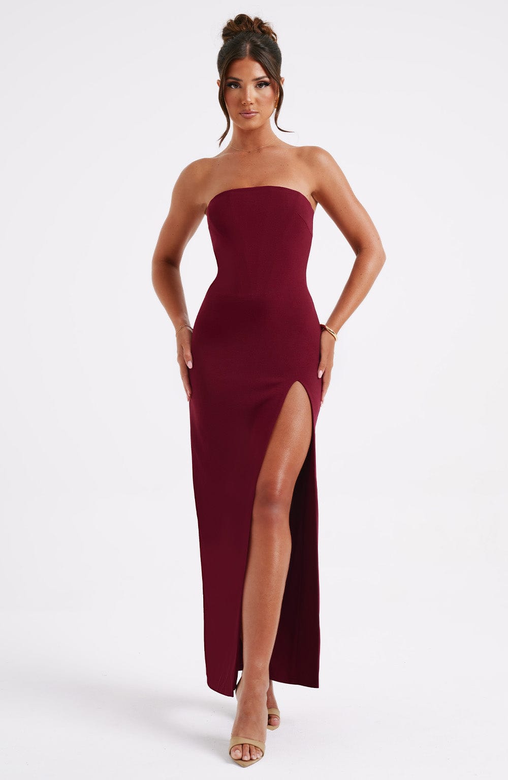 Burgundy Marcia Strapless Corset Maxi Dress with Thigh Split