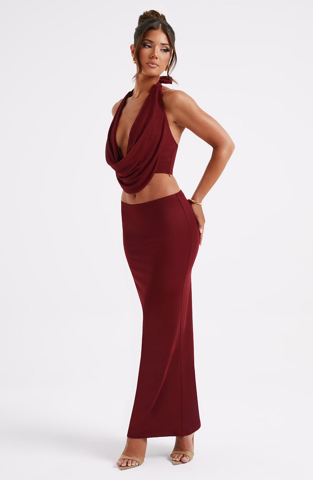 Chrishelle Burgundy Bodycon Maxi Skirt - Stretch Mesh