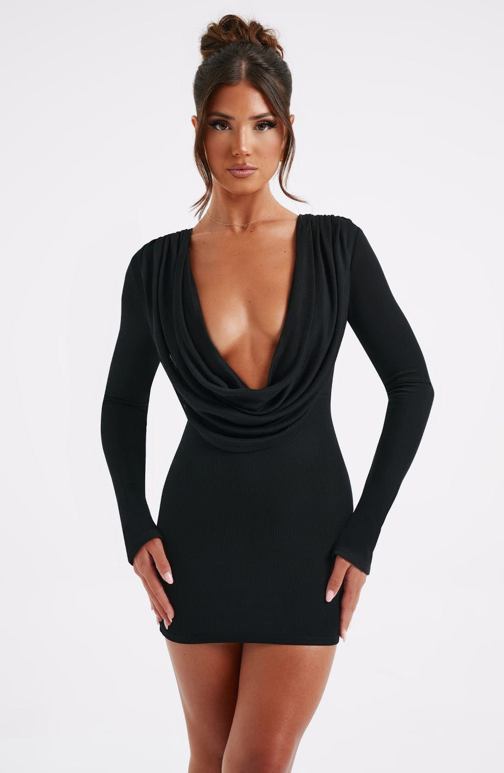 Black Stretch Mesh Danielle Mini Dress with Plunge Neckline
