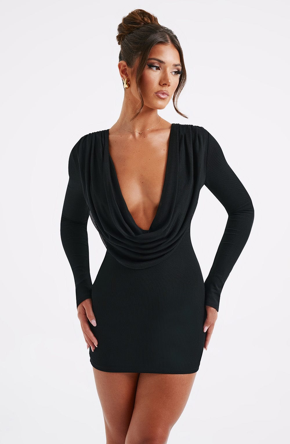 Black Stretch Mesh Danielle Mini Dress with Plunge Neckline
