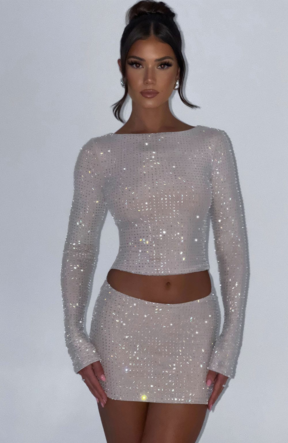 Rhinestone Stretch Mesh Mini Skirt in Nude | BabyBoo Fashion