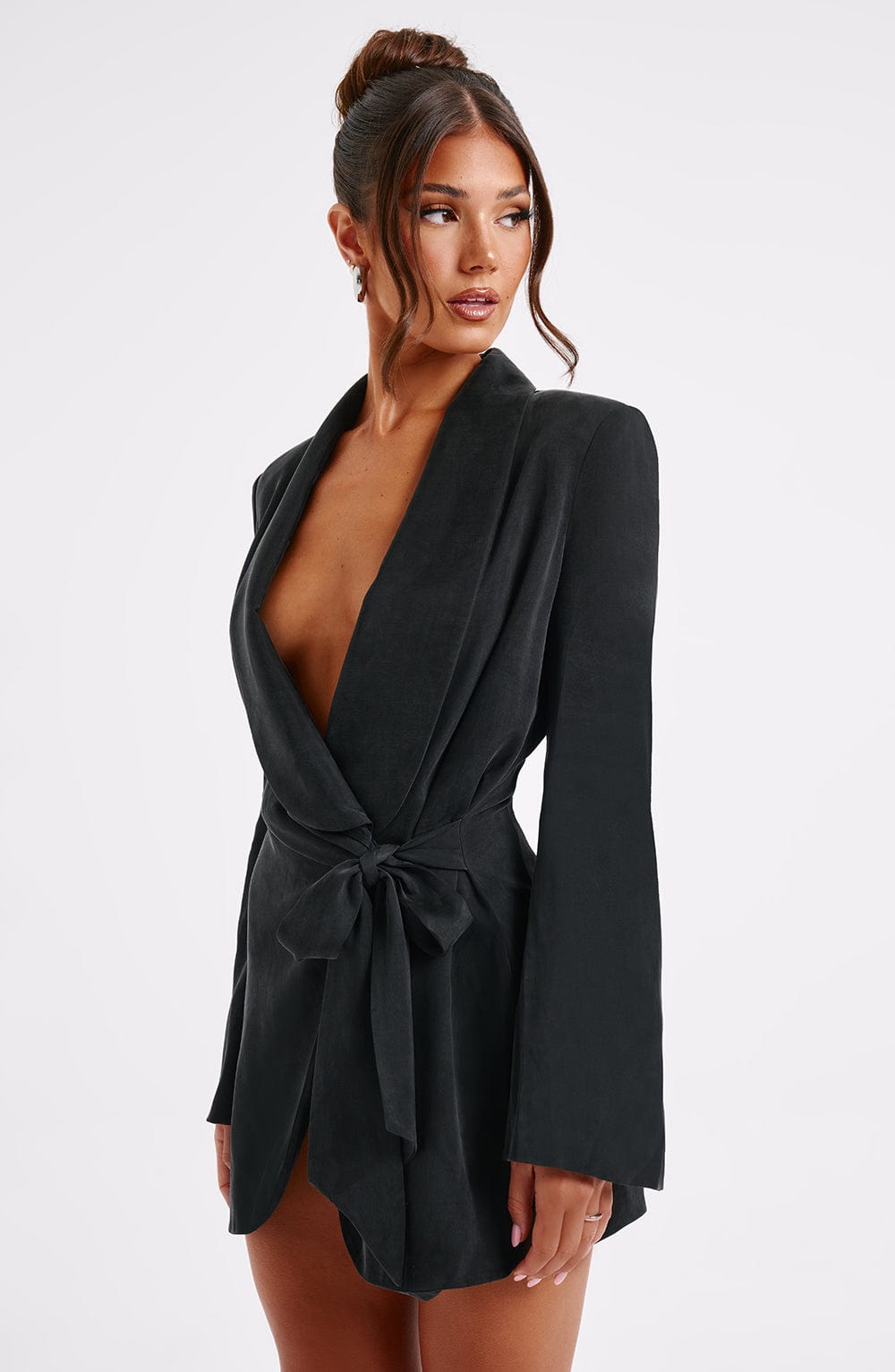 Black Blazer Mini Dress with Bow Detail - Jalena