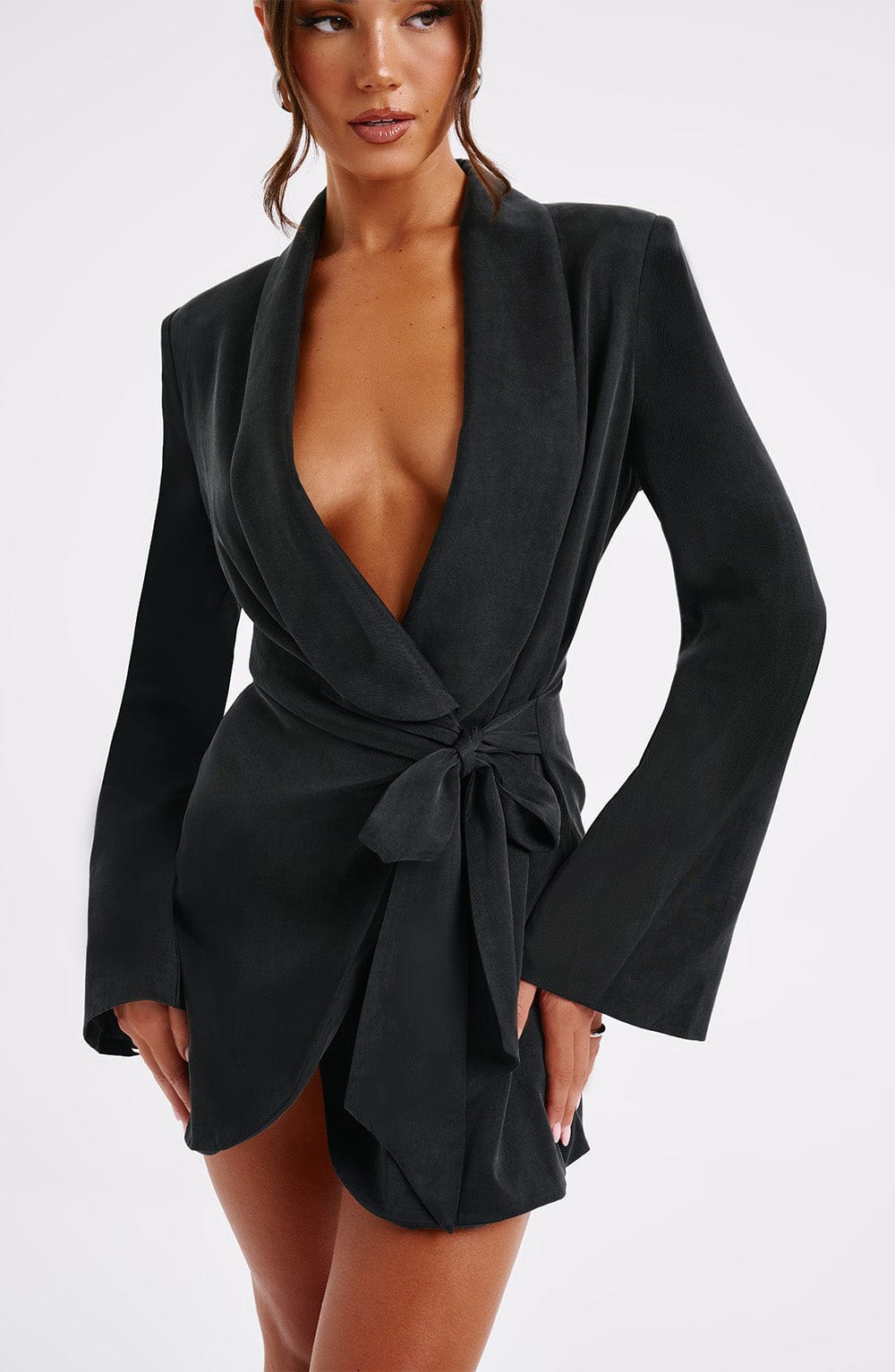 Black Blazer Mini Dress with Bow Detail - Jalena