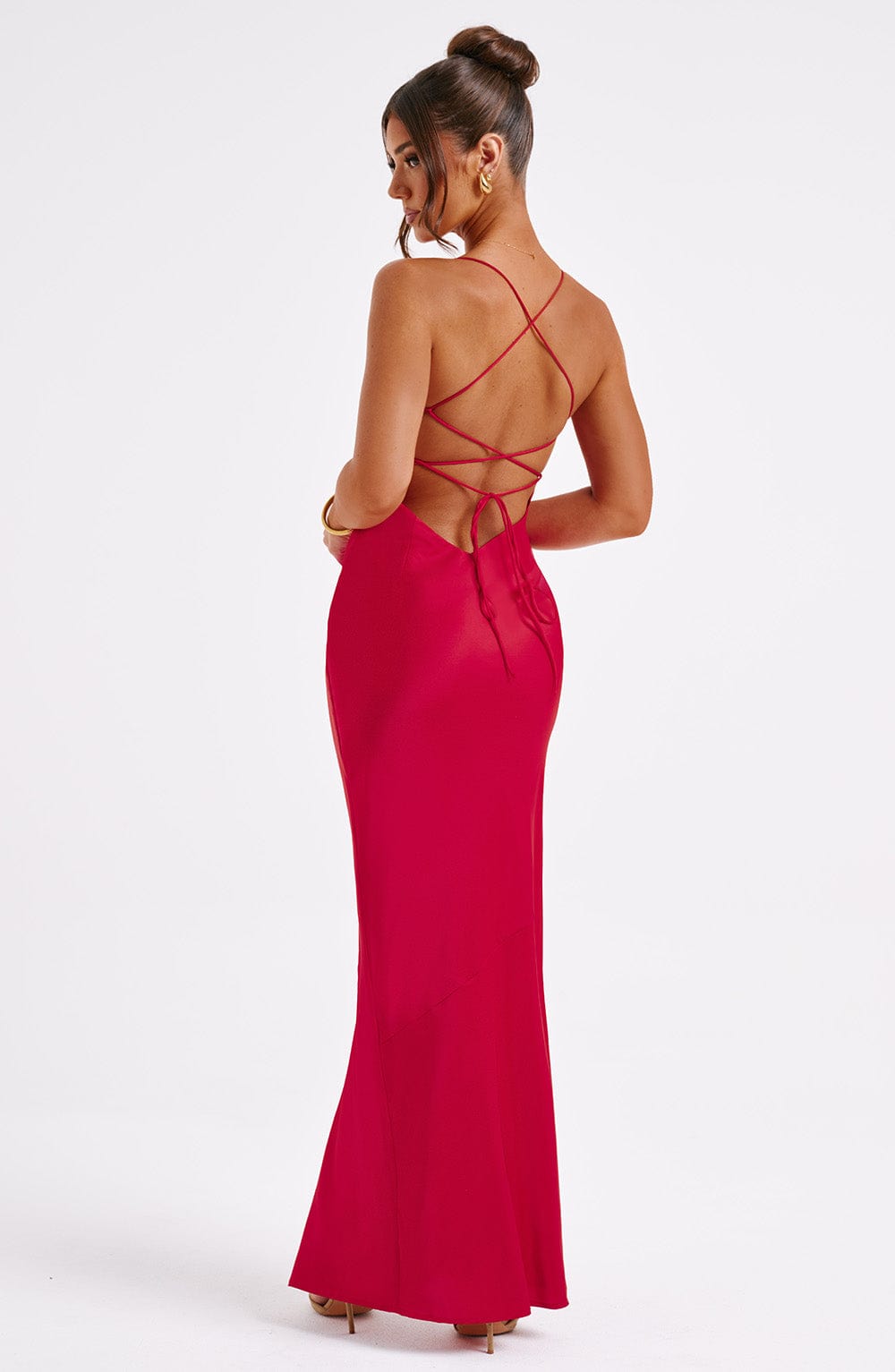 Misha Satin Maxi Dress with Low Back & Thigh Split - Red