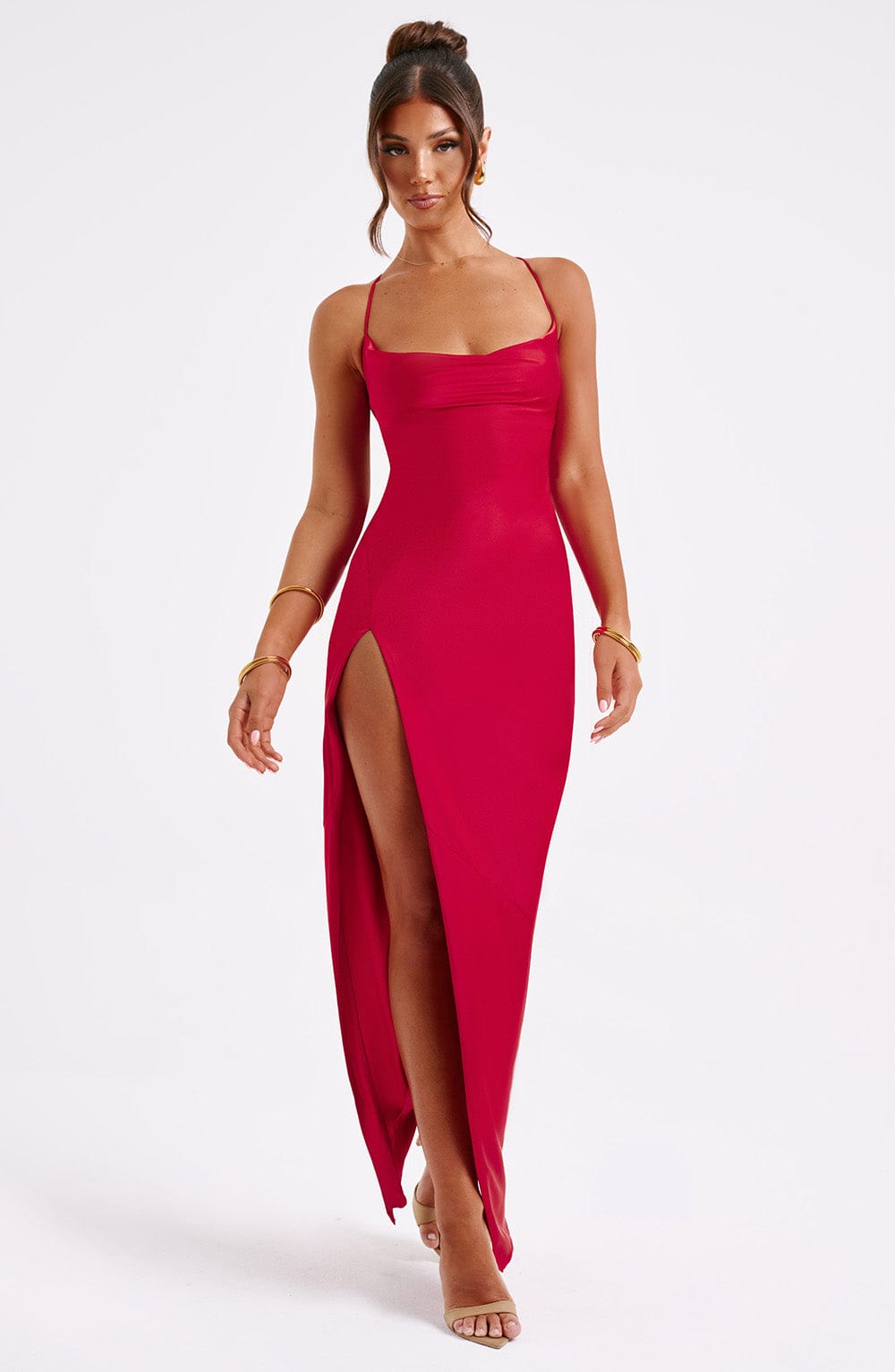 Misha Satin Maxi Dress with Low Back & Thigh Split - Red