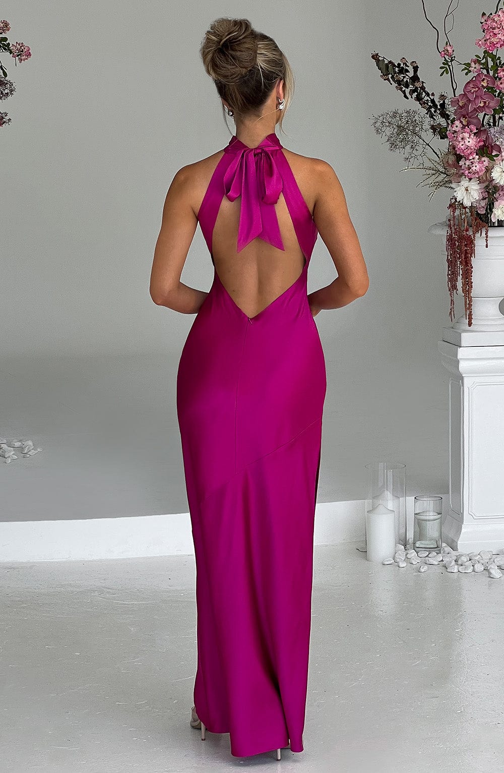 Etta Satin Backless Maxi Dress in Hot Pink
