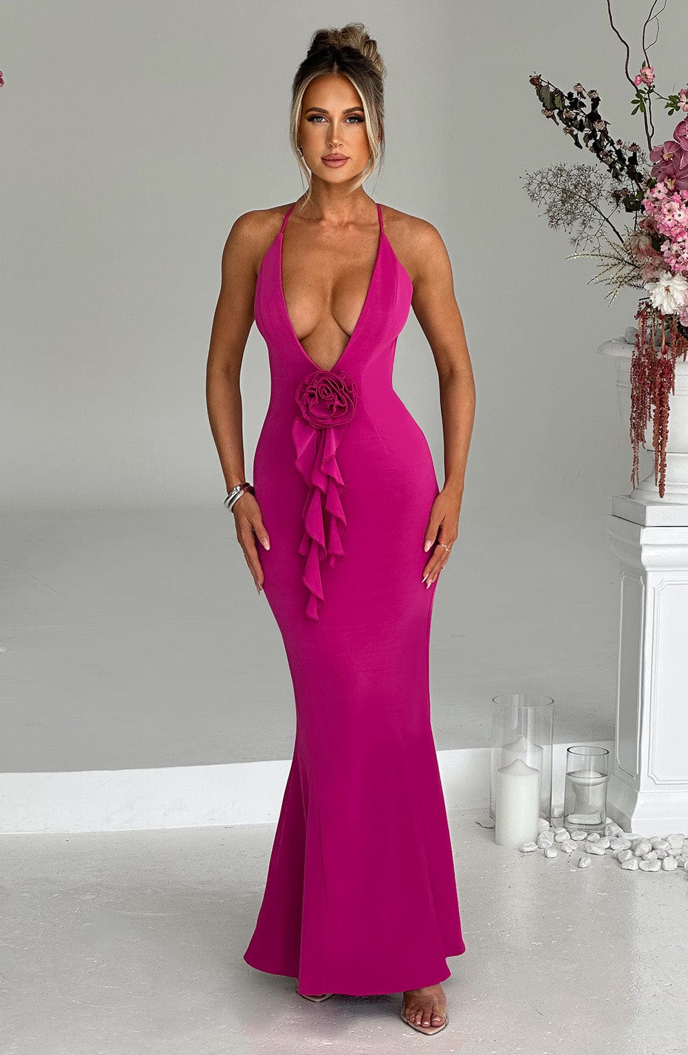Hot Pink Constantina Plunge Maxi Dress with Halter Neck