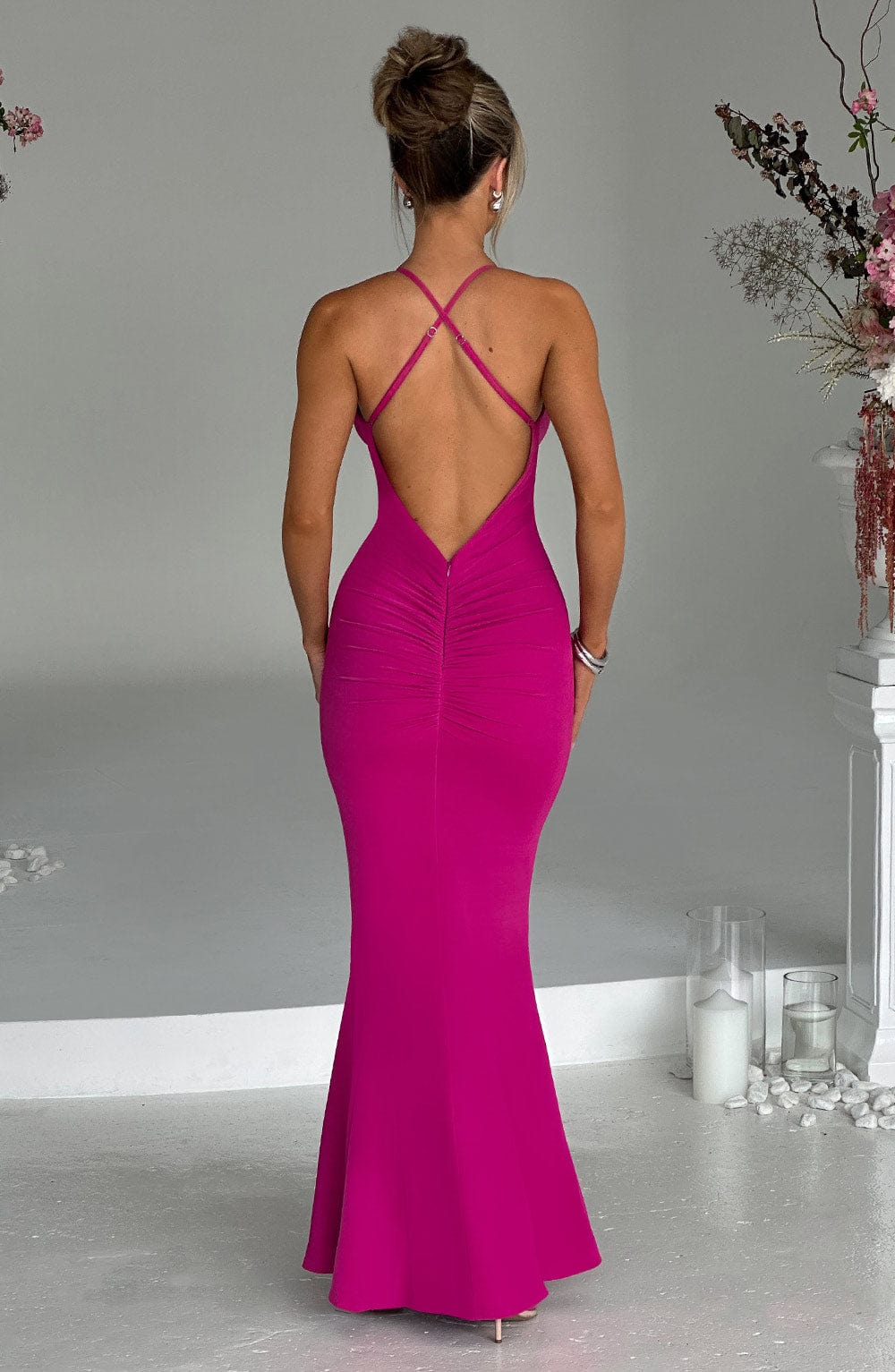 Hot Pink Constantina Plunge Maxi Dress with Halter Neck