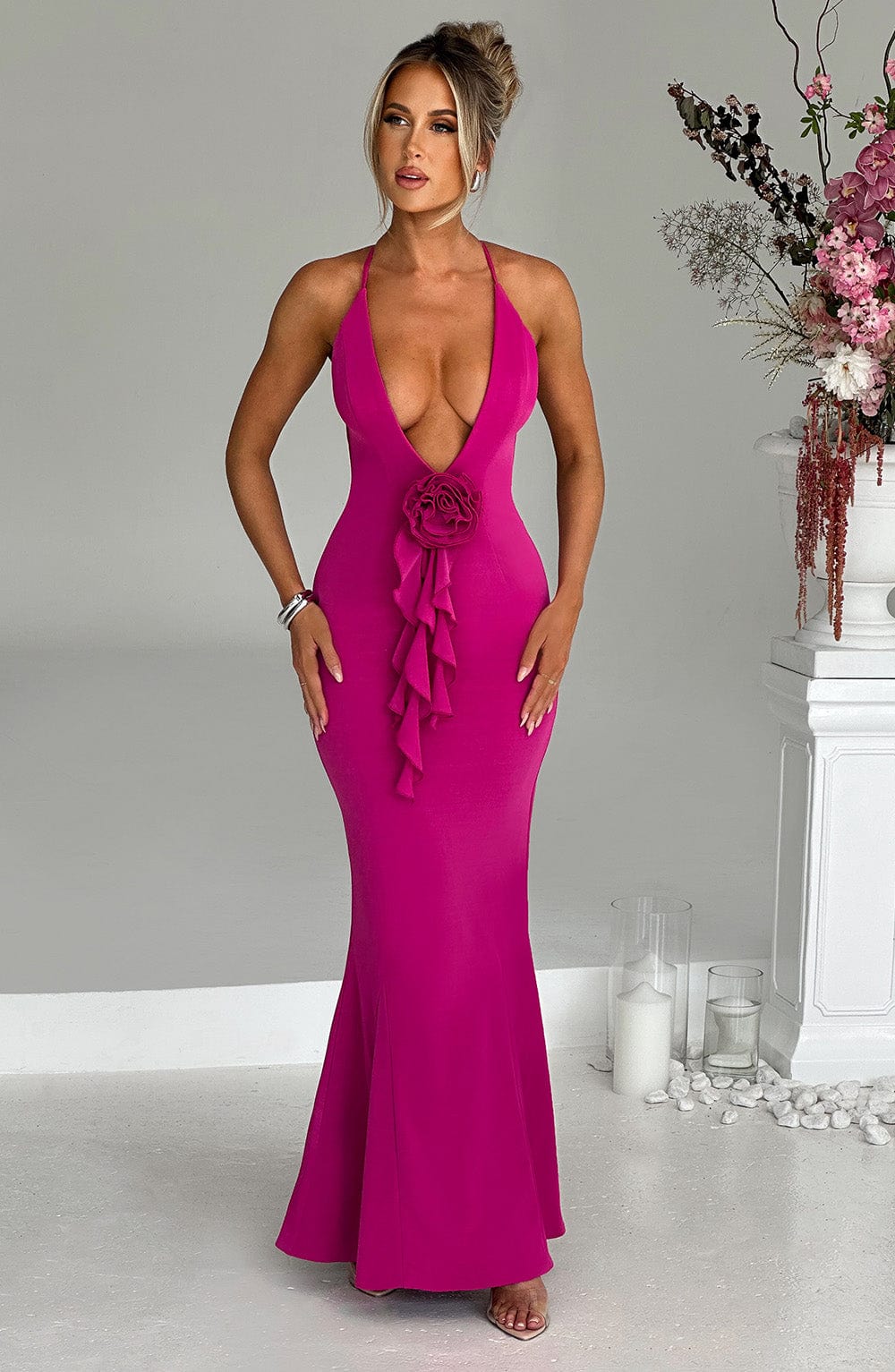 Hot Pink Constantina Plunge Maxi Dress with Halter Neck