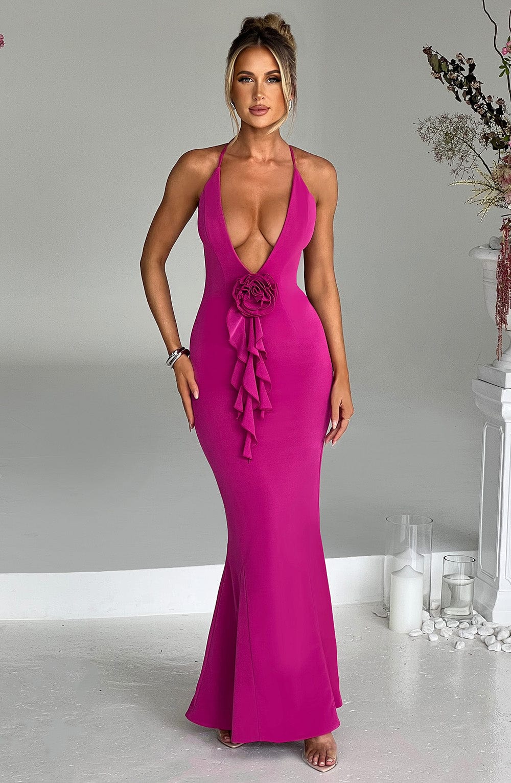 Hot Pink Constantina Plunge Maxi Dress with Halter Neck