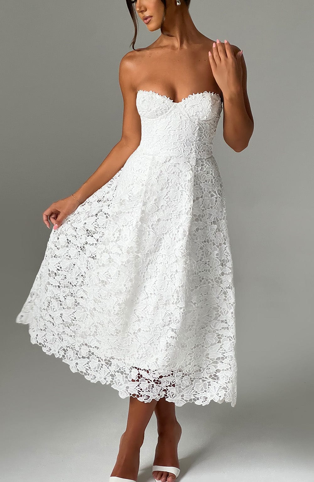 Ivory Lace Midi Dress with Corset Bodice | Ishani