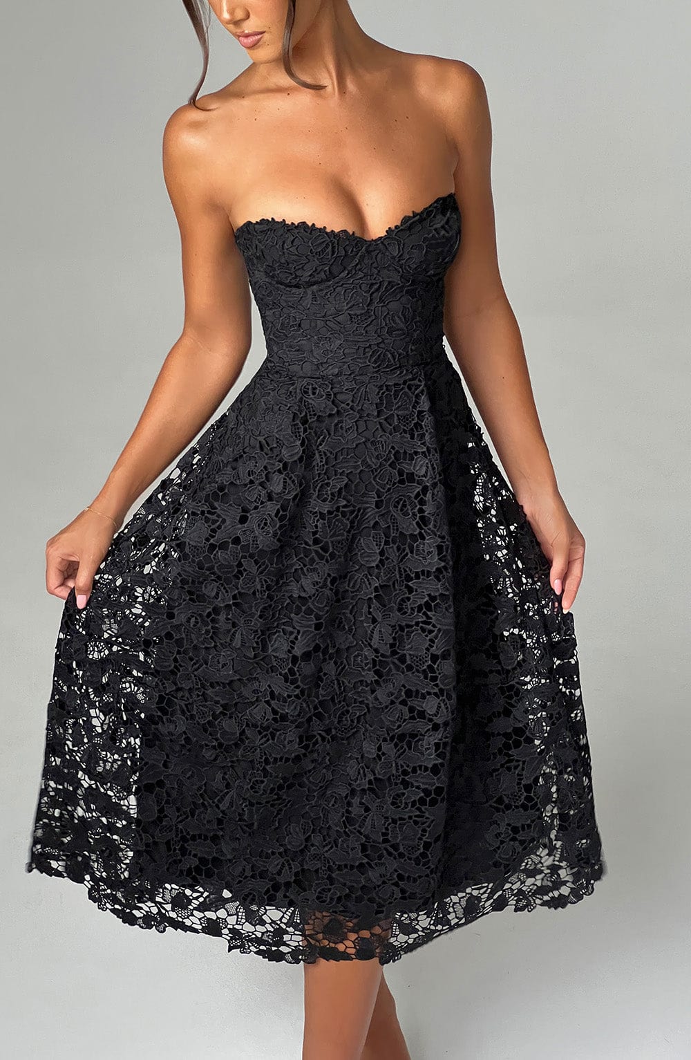 Black Lace Midi Dress with Corset Bodice | Ishani
