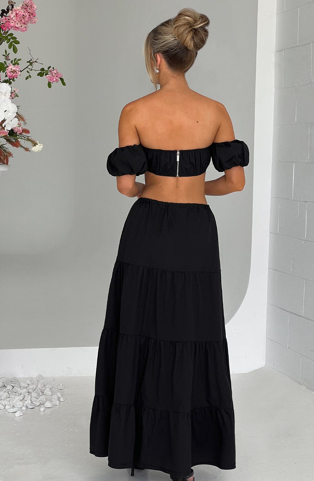 Carmen Black Halterneck Top with Puff Sleeves