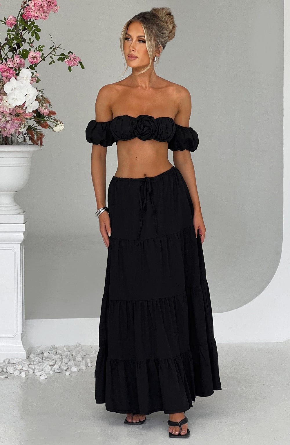Carmen Black Halterneck Top with Puff Sleeves