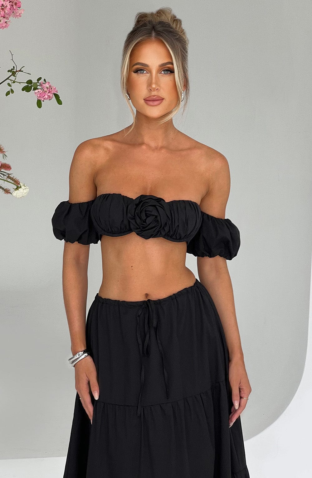 Carmen Black Halterneck Top with Puff Sleeves