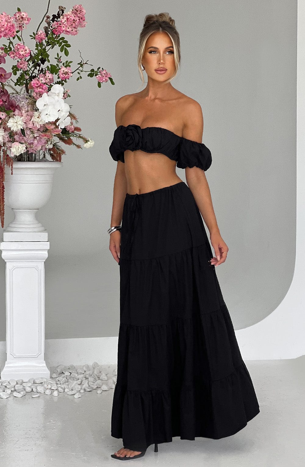 Carmen Black Halterneck Top with Puff Sleeves