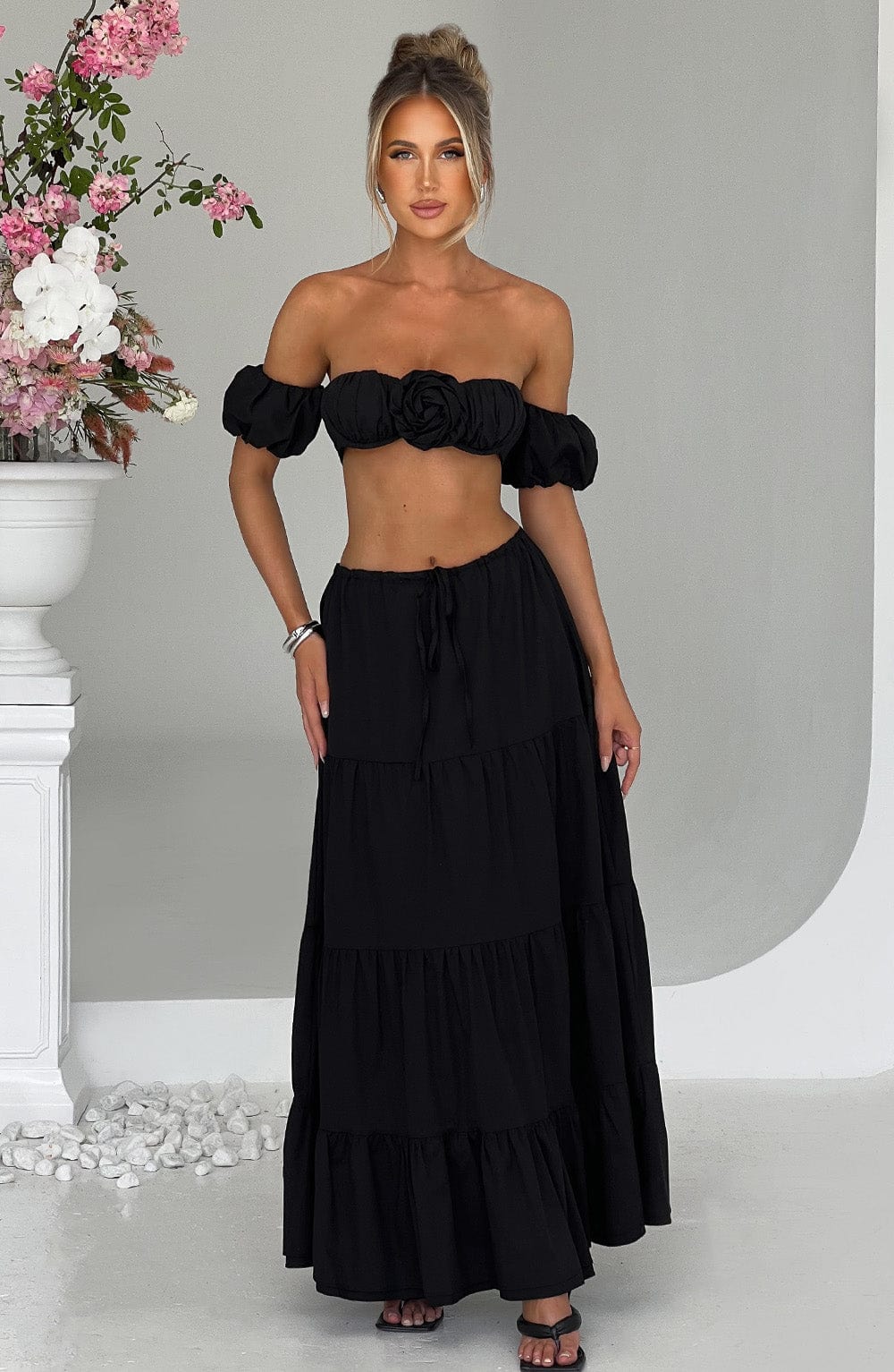 Carmen Black Halterneck Top with Puff Sleeves