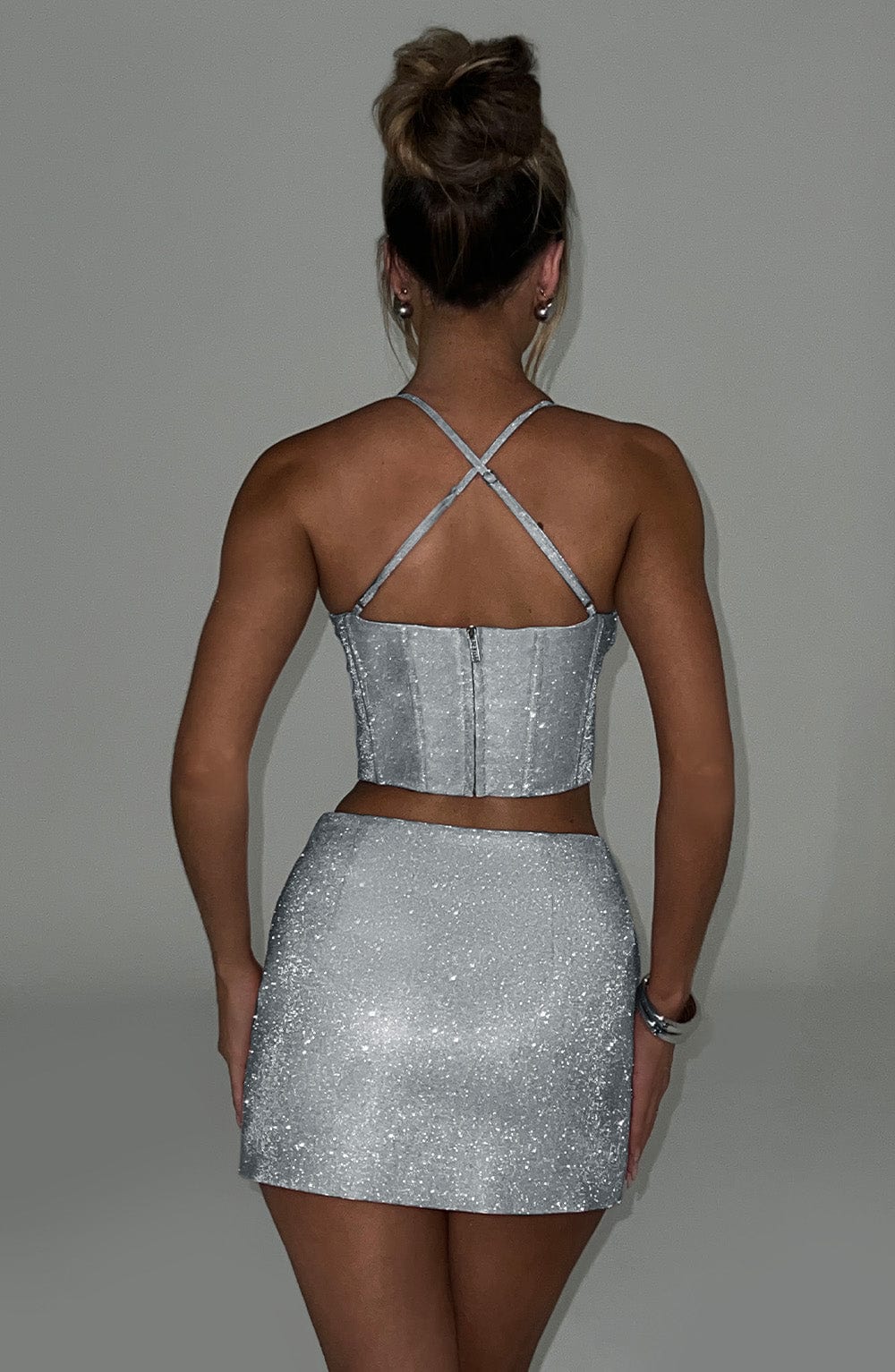 Amadae Silver Sparkle Corset Top with Plunge Neckline