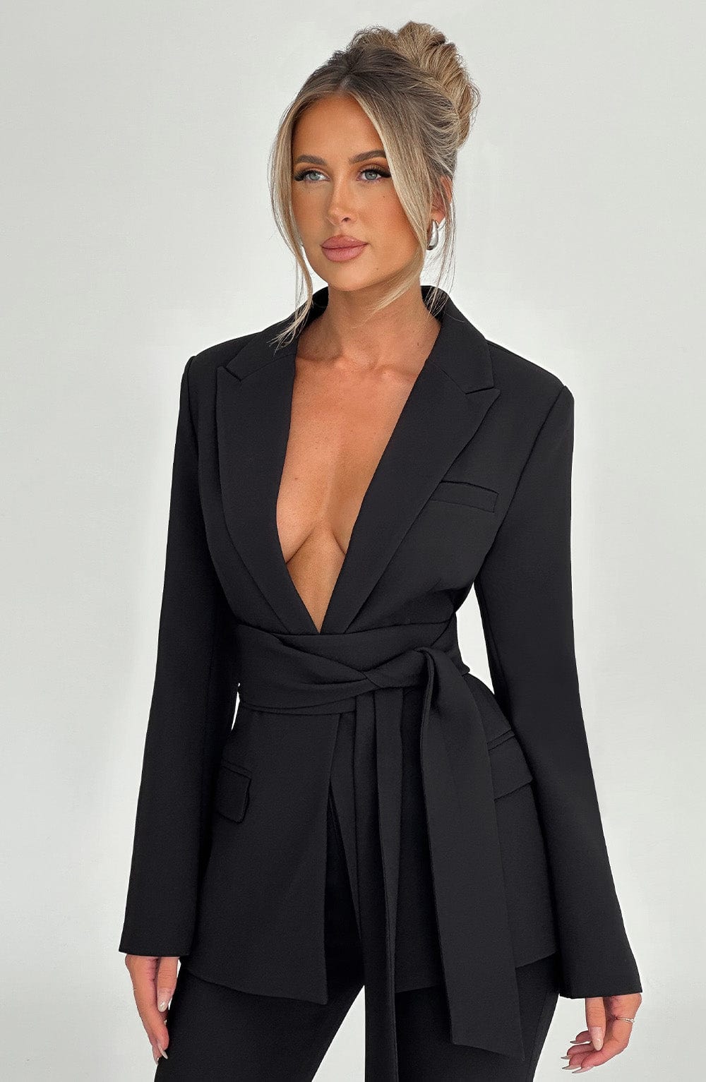 Black Hazel Suit Jacket with Double Lapel & Wrap Belt